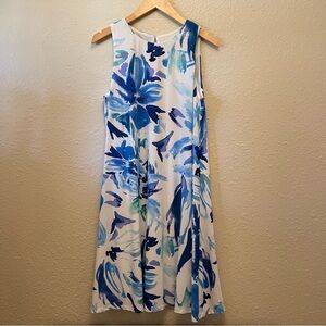 Anne Klein Blue Bold Floral Print Keyhole Back White Sleeveless Swing Dress 12